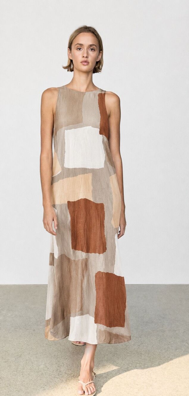 NWOT  Lafayette 148 New York Papier Print silk-linen maxi dress in sandston, Sm
